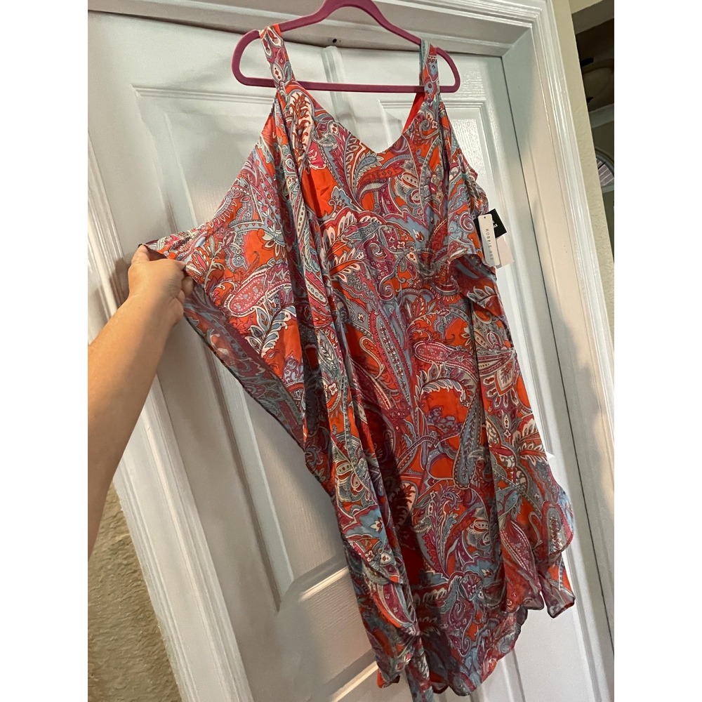 Robbie Bee Dress Womens 18W Coral Paisley Cold Shoulder Ruffle Trapeze Midi